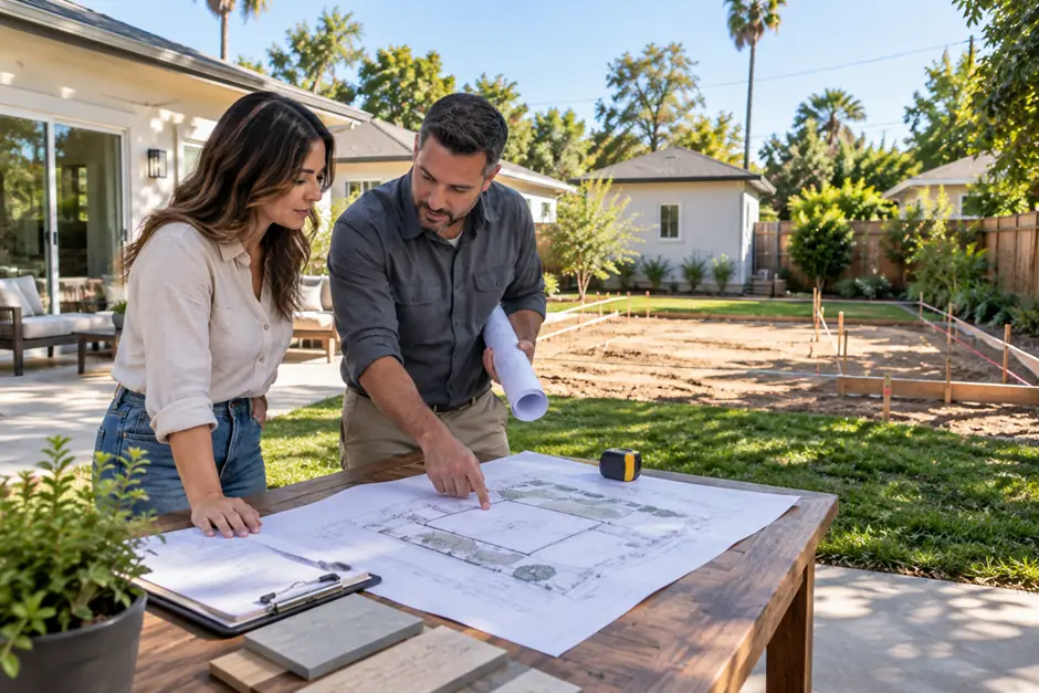 Homeowner and contractor reviewing detached ADU placement and site plans in a residential backyard