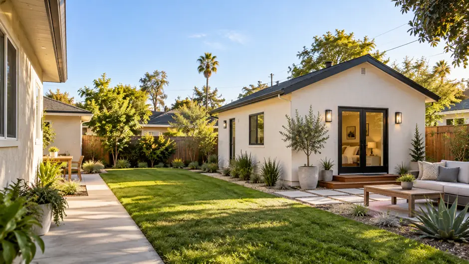 Completed detached ADU behind a Southern California home with private entrance and landscaped outdoor space