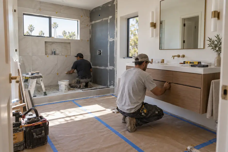 Bathroom renovation in progress with new shower installation and protected flooring.