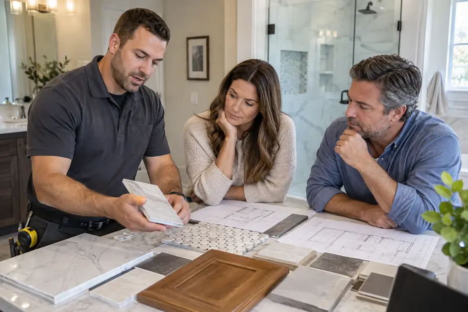 Bathroom remodeling consultation with homeowners reviewing layout and material selections.