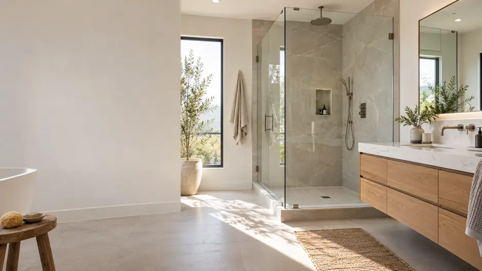Professional bathroom remodeling project with a custom walk-in shower and modern vanity in Los Angeles.