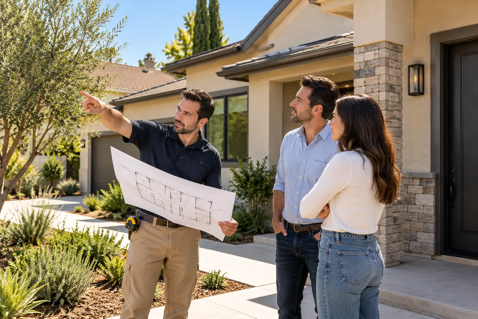 Construction professionals reviewing renovation plans with a homeowner outside a Los Angeles residence.