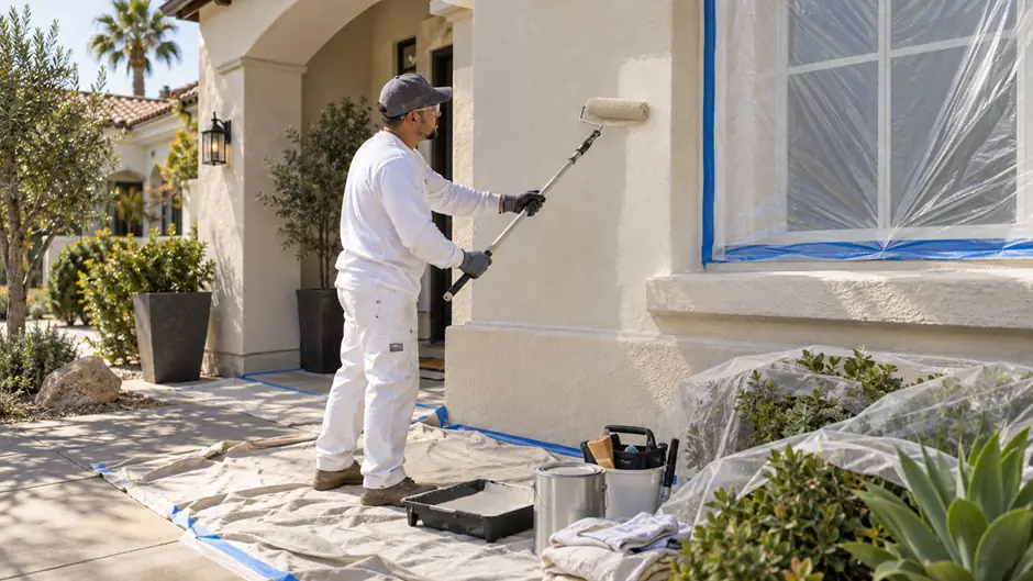 Professional exterior painter applying a fresh finish with nearby surfaces protected
