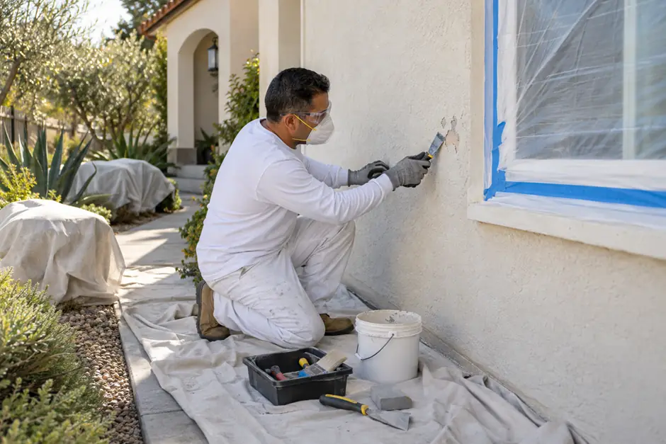 Professional painter preparing stucco and protecting windows before exterior painting