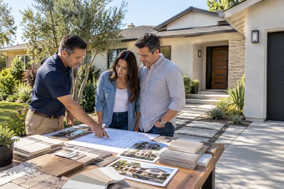 Homeowners discussing exterior remodeling plans with a remodeling designer.
