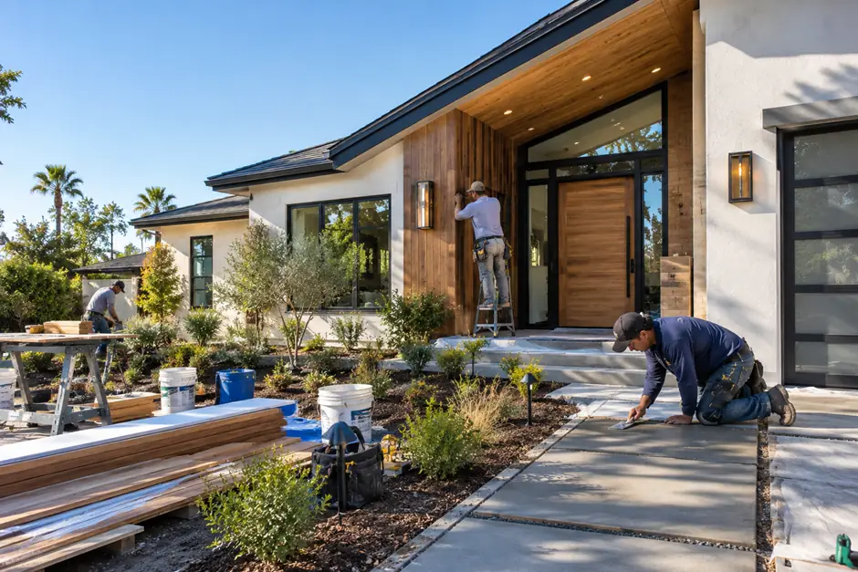 Exterior home renovation in progress with façade upgrades and landscaping improvements.