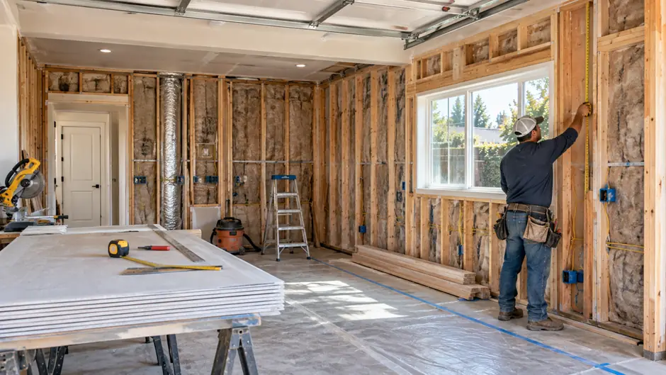 Garage conversion under construction with framing, insulation and electrical preparation