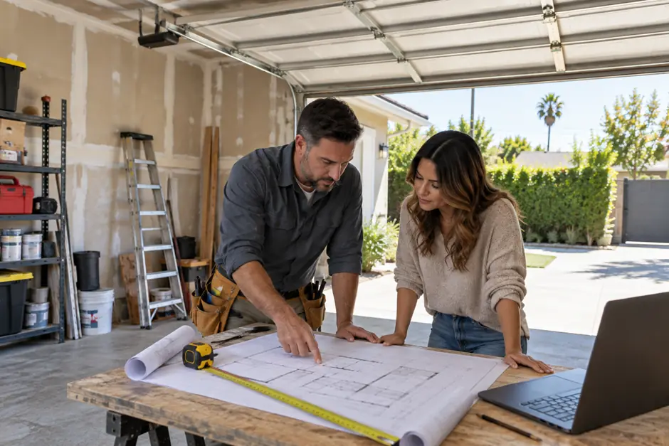 Homeowner and contractor reviewing plans inside an existing garage before conversion