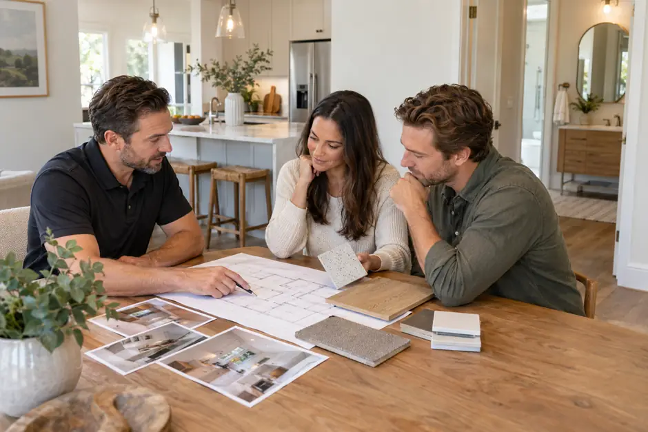 Juda Builders team meeting with homeowners to plan a home remodel in Van Nuys.