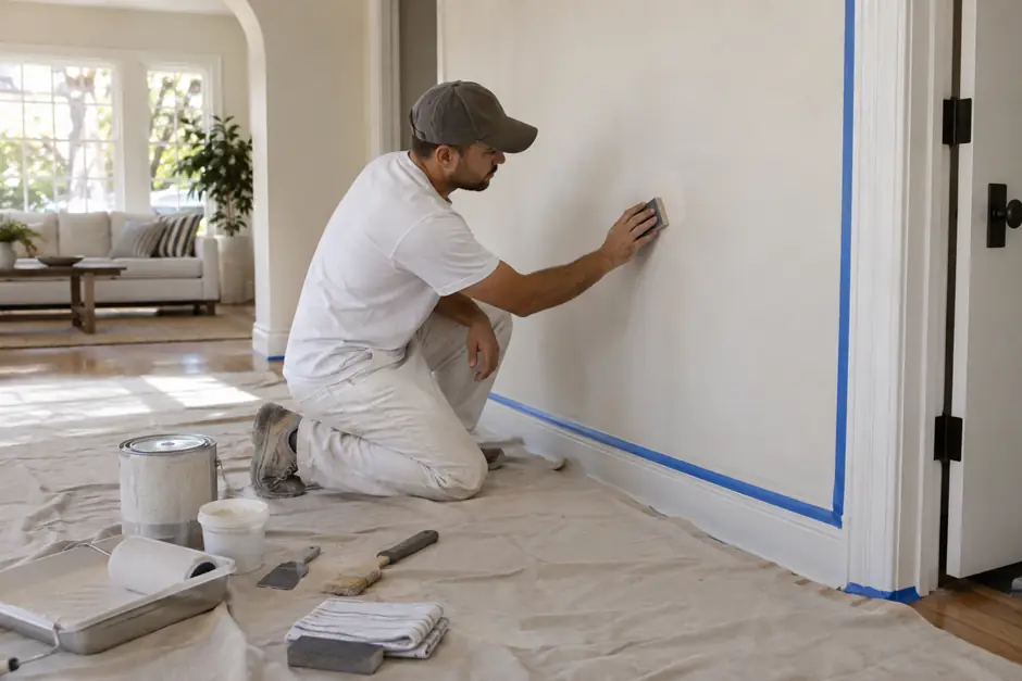 Professional painter preparing and masking an interior wall before painting
