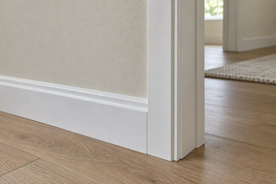 Close-up of freshly painted wall with crisp baseboard and door trim finish