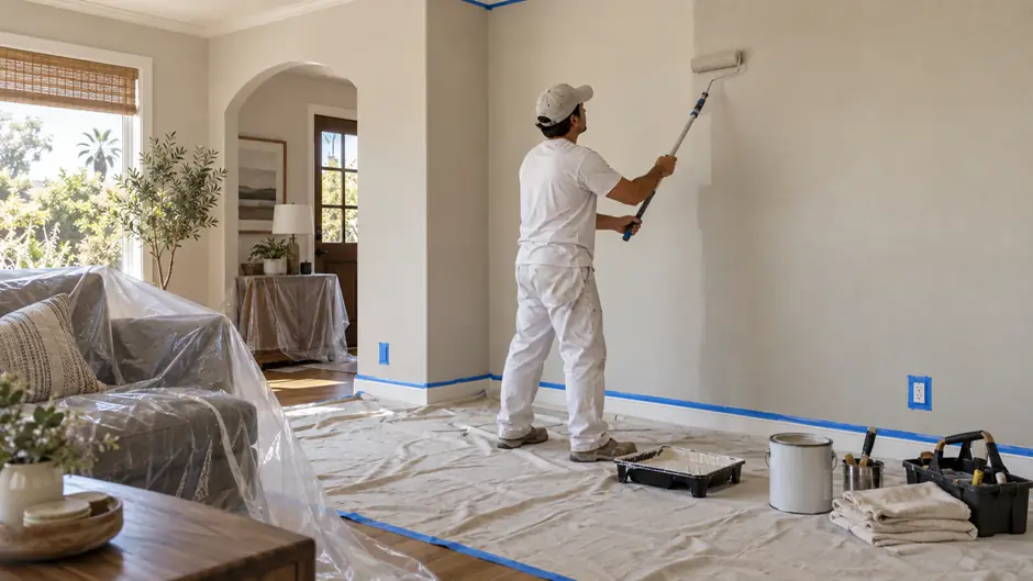 Professional painter applying interior wall paint with floors and trim protected.