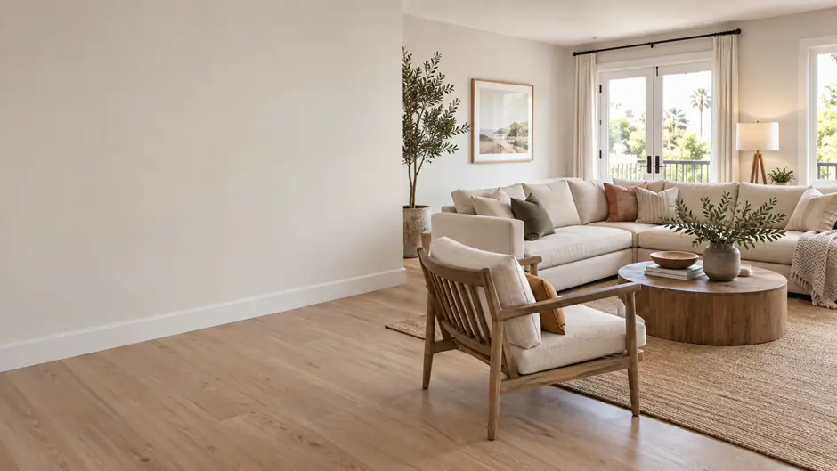 Freshly painted living room with clean walls and trim in a Southern California home