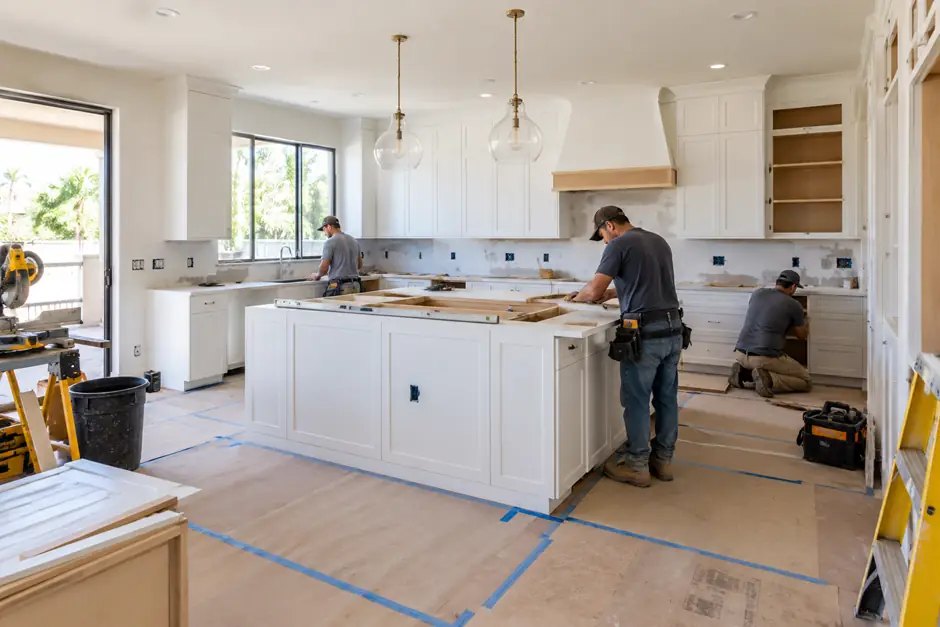 Kitchen renovation in progress with new cabinets, protected flooring and organized construction work.
