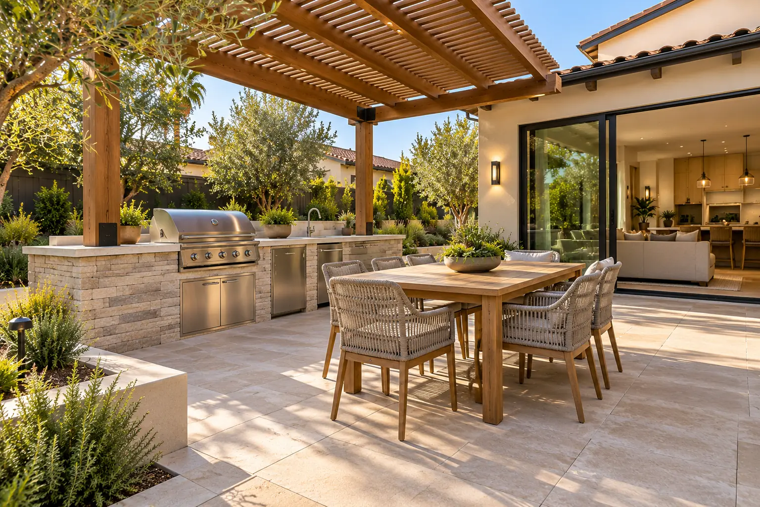 Backyard entertainment area with a built-in outdoor kitchen, dining table, pergola, and stone patio.