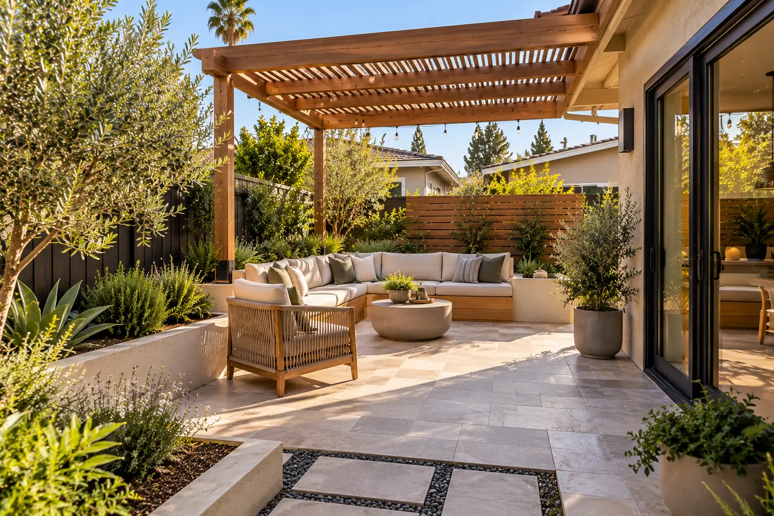 Small Los Angeles backyard with built-in seating, a compact stone patio, pergola, and raised garden beds.