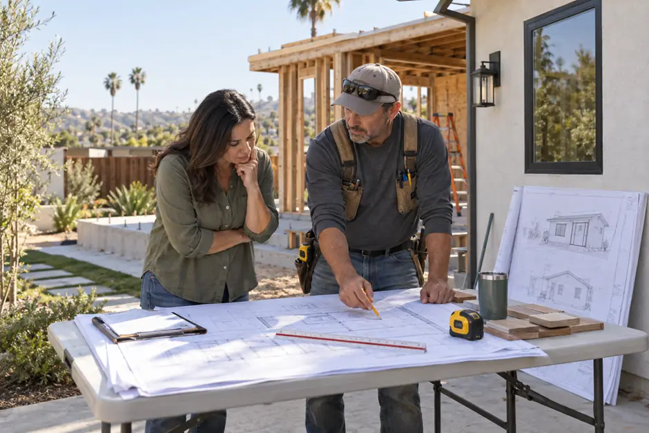 Homeowner and contractor reviewing room addition plans at a Southern California residences