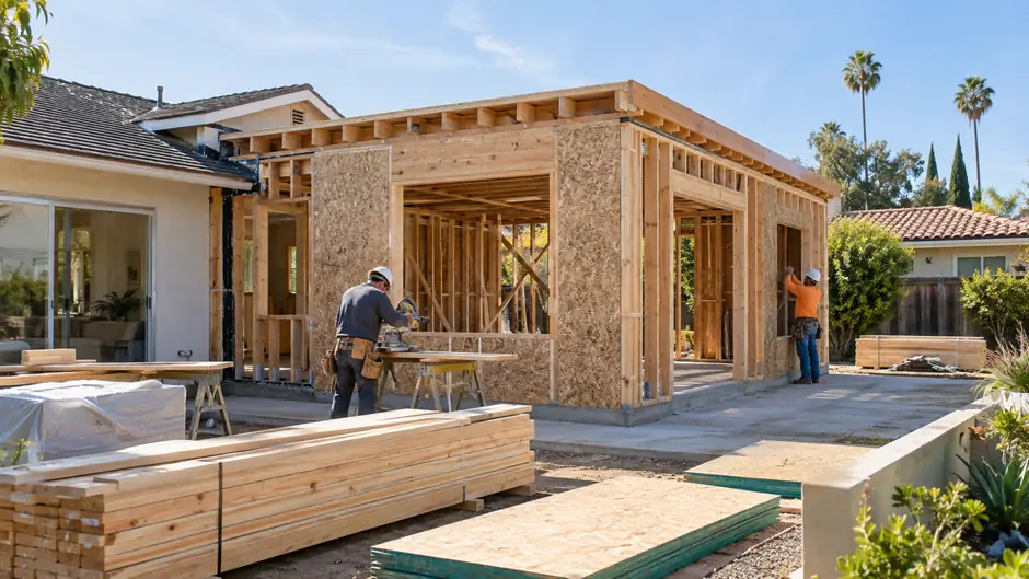 Residential home addition under construction with wood framing and professional crew in Los Angeles.