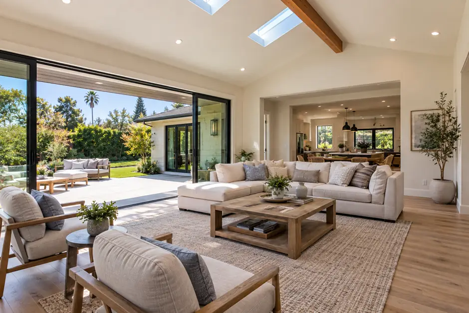 Completed family room addition with comfortable seating, natural light, and seamless connection to the existing Los Angeles home.