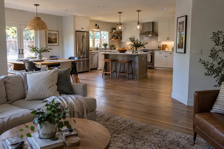 Completed Van Nuys kitchen and living room remodel with improved layout, continuous flooring and functional open connection.
